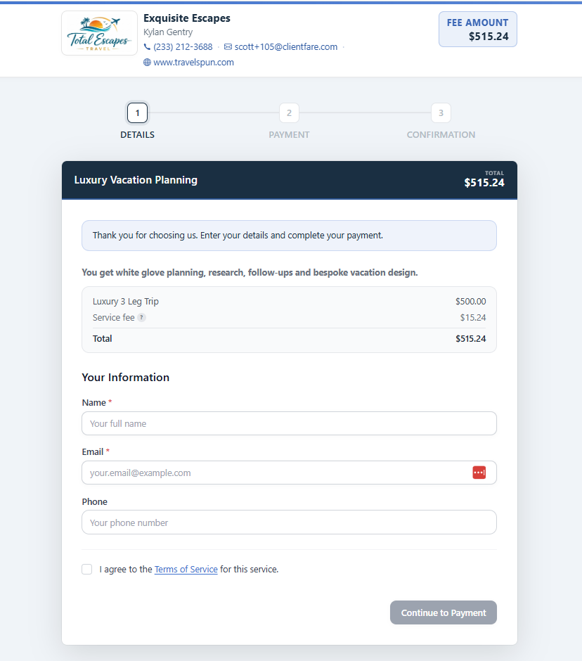 Screenshot of branded client portal with custom intake form and agency branding